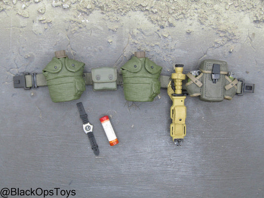 OD Green Rivet Belt w/Pouch Set, Combat Knife, Flare, & Watch