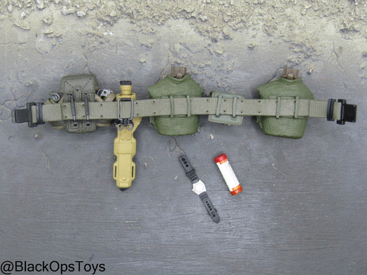 OD Green Rivet Belt w/Pouch Set, Combat Knife, Flare, & Watch
