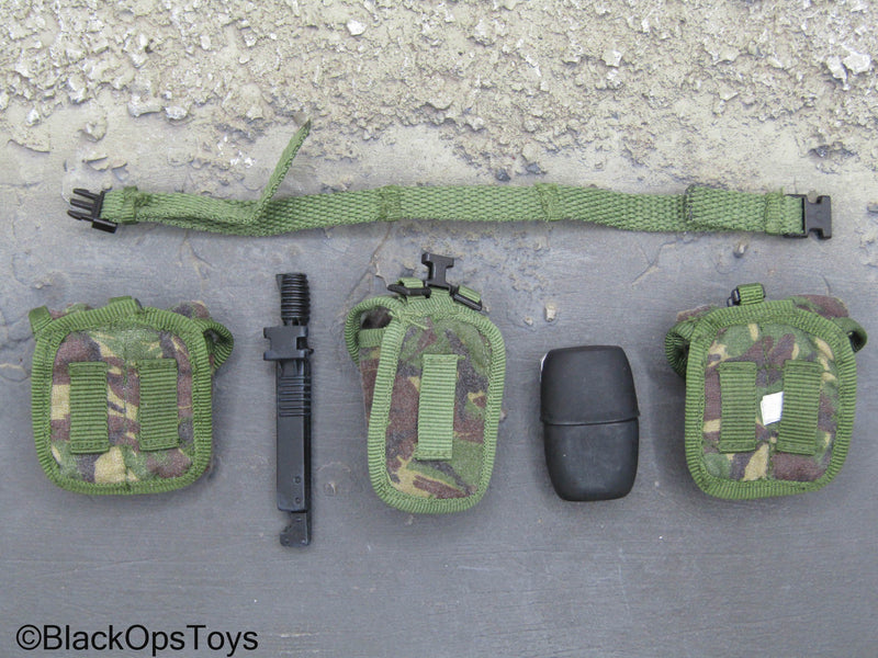 Load image into Gallery viewer, British - Green Belt w/Woodland DPM Camo Pouch Set &amp; Knife
