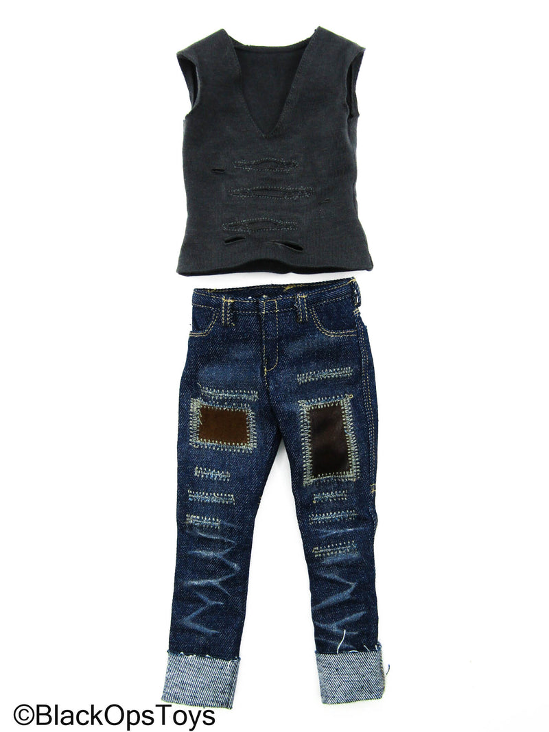 Load image into Gallery viewer, Gangsters Kingdom Augustine - Blue Denim Jeans w/Grey Ripped Shirt
