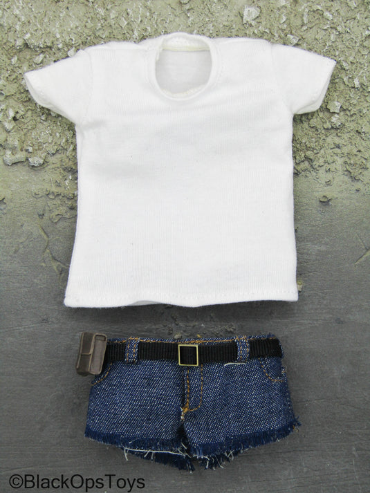 Sniper Girl - White Female Shirt w/Denim Jean Shorts