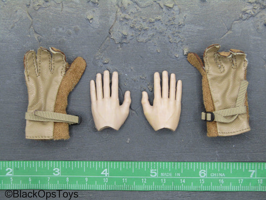 Male Bendy Hands w/Brown Leather Like Rappelling Gloves