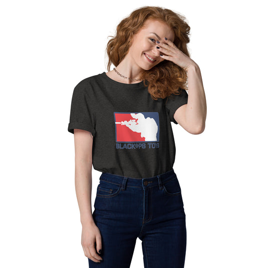 Unisex organic cotton t-shirt with BlackOpsToys red white and blue logo