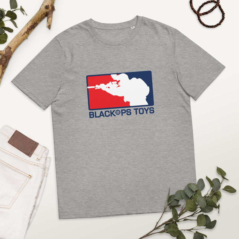Load image into Gallery viewer, Unisex organic cotton t-shirt with BlackOpsToys red white and blue logo
