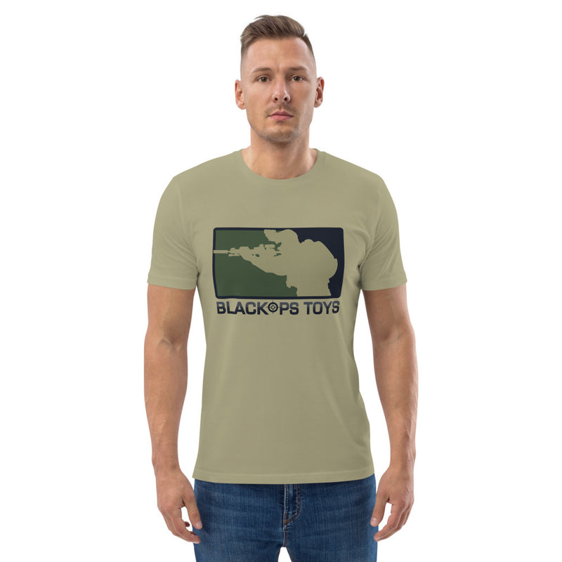Load image into Gallery viewer, Unisex organic cotton t-shirt with BlackOpsToys army camouflage logo
