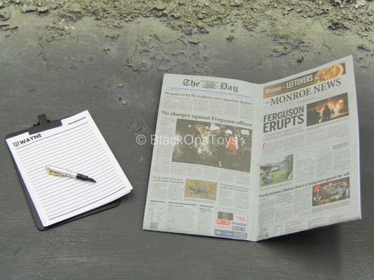 Lucius Fox - Clip Board w/Paper, Pen, & Newspaper