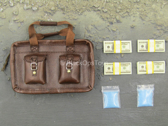 Say My Name - Brown Leather-Like Bag w/Cash & Blue Powder