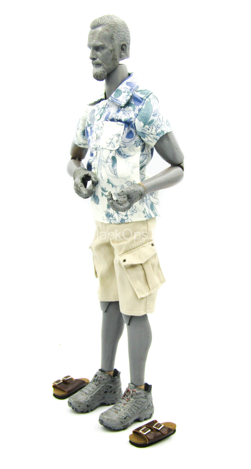Load image into Gallery viewer, 80&#39;s Tropical Shirt w/Tan Shorts &amp; Brown Leather Like Sandals
