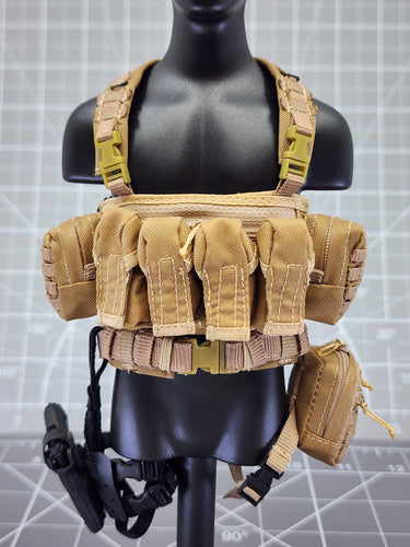 BAM 1/6 Coyote Tan Chest Pack W/ Drop Leg Pistol Holster & Bag (Toy Soldier)