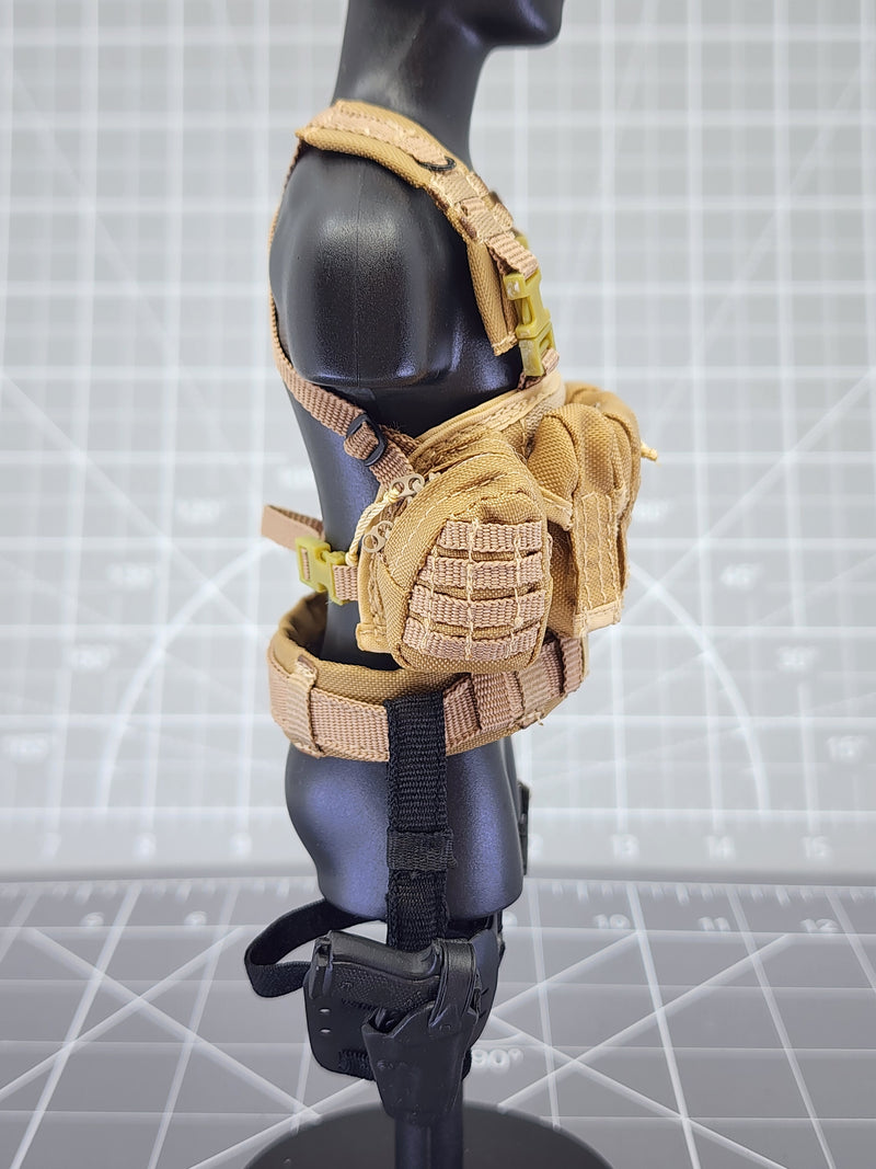 Load image into Gallery viewer, BAM 1/6 Coyote Tan Chest Pack W/ Drop Leg Pistol Holster &amp; Bag (Toy Soldier)
