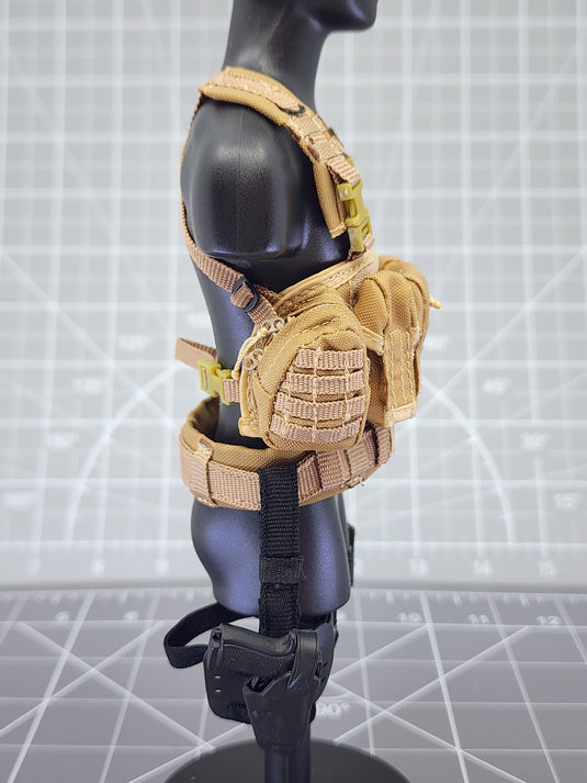 BAM 1/6 Coyote Tan Chest Pack W/ Drop Leg Pistol Holster & Bag (Toy Soldier)