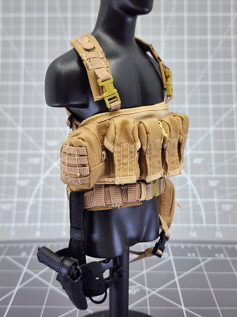 Load image into Gallery viewer, BAM 1/6 Coyote Tan Chest Pack W/ Drop Leg Pistol Holster &amp; Bag (Toy Soldier)
