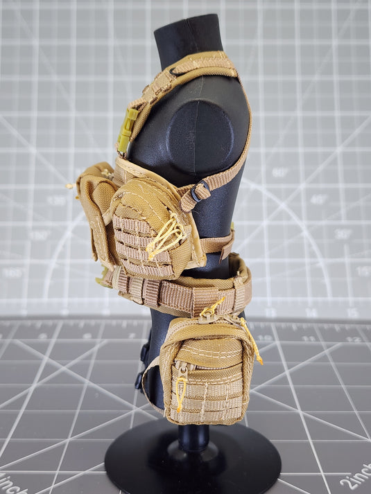 BAM 1/6 Coyote Tan Chest Rig W/ Drop Leg Holster, Pistol, & Bag (Toy Soldier)