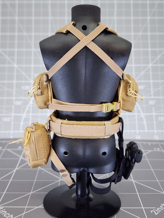 BAM 1/6 Coyote Tan Chest Rig W/ Drop Leg Holster, Pistol, & Bag (Toy Soldier)