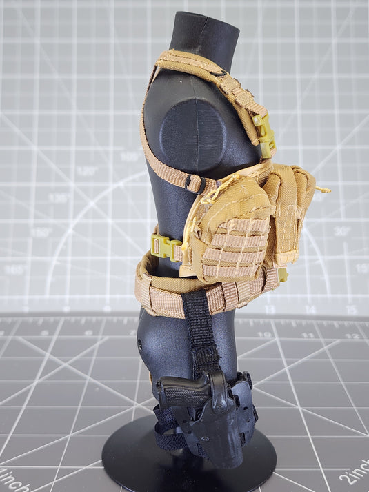 BAM 1/6 Coyote Tan Chest Rig W/ Drop Leg Holster, Pistol, & Bag (Toy Soldier)
