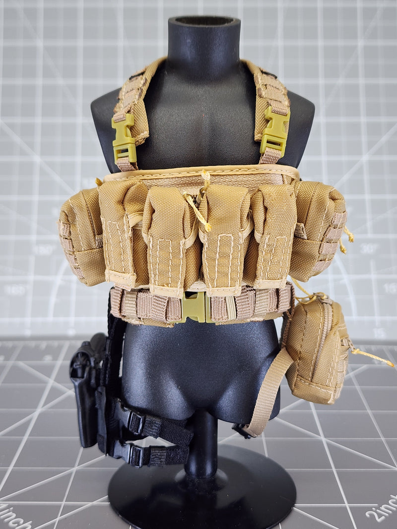 Load image into Gallery viewer, BAM 1/6 Coyote Tan Chest Rig W/ Drop Leg Holster, Pistol, &amp; Bag (Toy Soldier)
