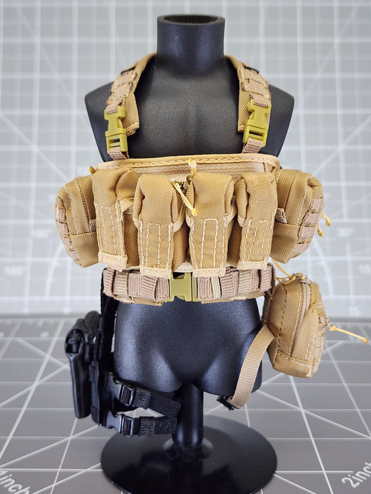 BAM 1/6 Coyote Tan Chest Rig W/ Drop Leg Holster, Pistol, & Bag (Toy Soldier)