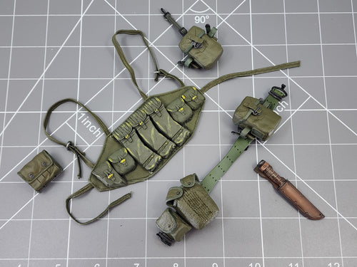 BAM 1/6 Vietnam OD Green Belt & Chest Rig W/ Pouches & Knife (Dragon/ 21 Century)