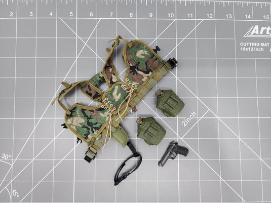 Bam 1/6 Woodlands Camo Chest Rig W/ Folding Knife & Pistol