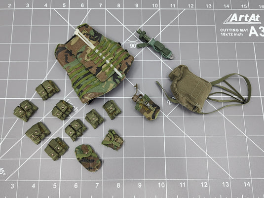 Bam 1/6 Woodlands Camo Molle Vest W/ Ammo Pouches, Knife, And Carrier Bag