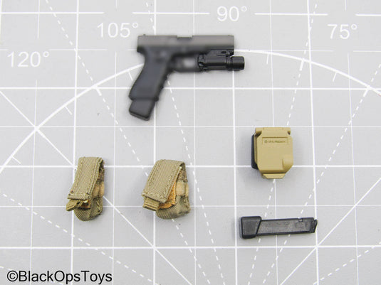 Black Pistol w/Weapon Attachments, Holster and Mag Pouches