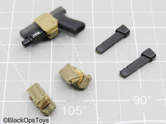 Black Pistol w/Weapon Attachments, Holster and Mag Pouches