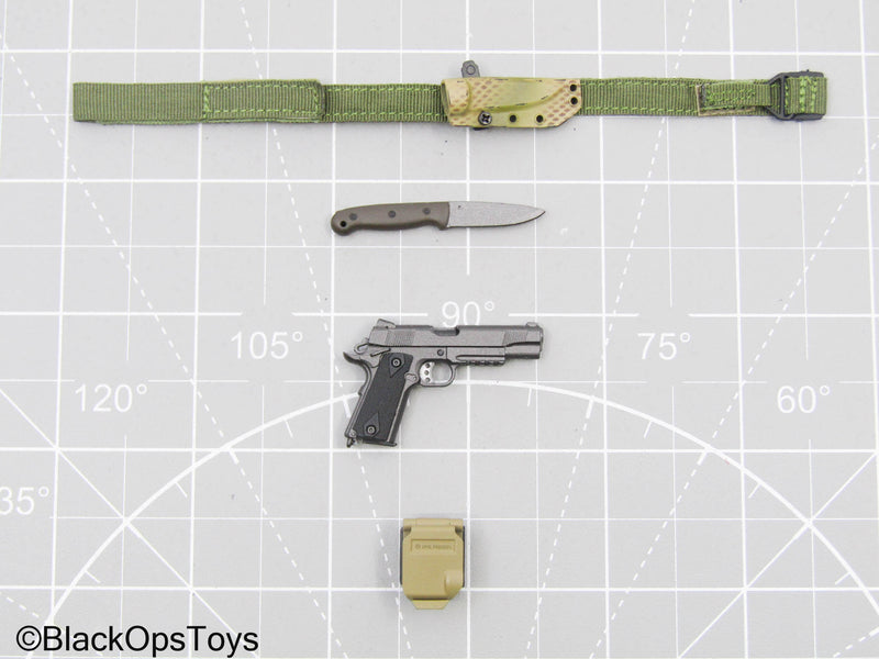 Load image into Gallery viewer, Grey 1911 Pistol w/Tan Holster, OD Green Belt, Knife, &amp; Holster
