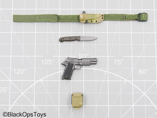 Grey 1911 Pistol w/Tan Holster, OD Green Belt, Knife, & Holster