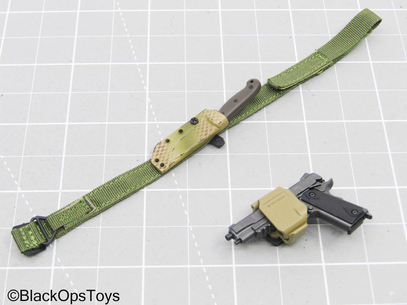 Load image into Gallery viewer, Grey 1911 Pistol w/Tan Holster, OD Green Belt, Knife, &amp; Holster
