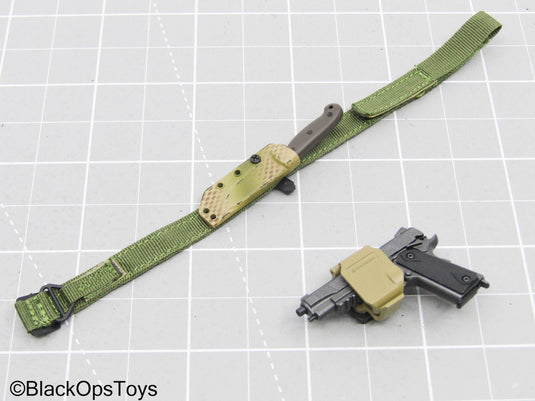 Grey 1911 Pistol w/Tan Holster, OD Green Belt, Knife, & Holster