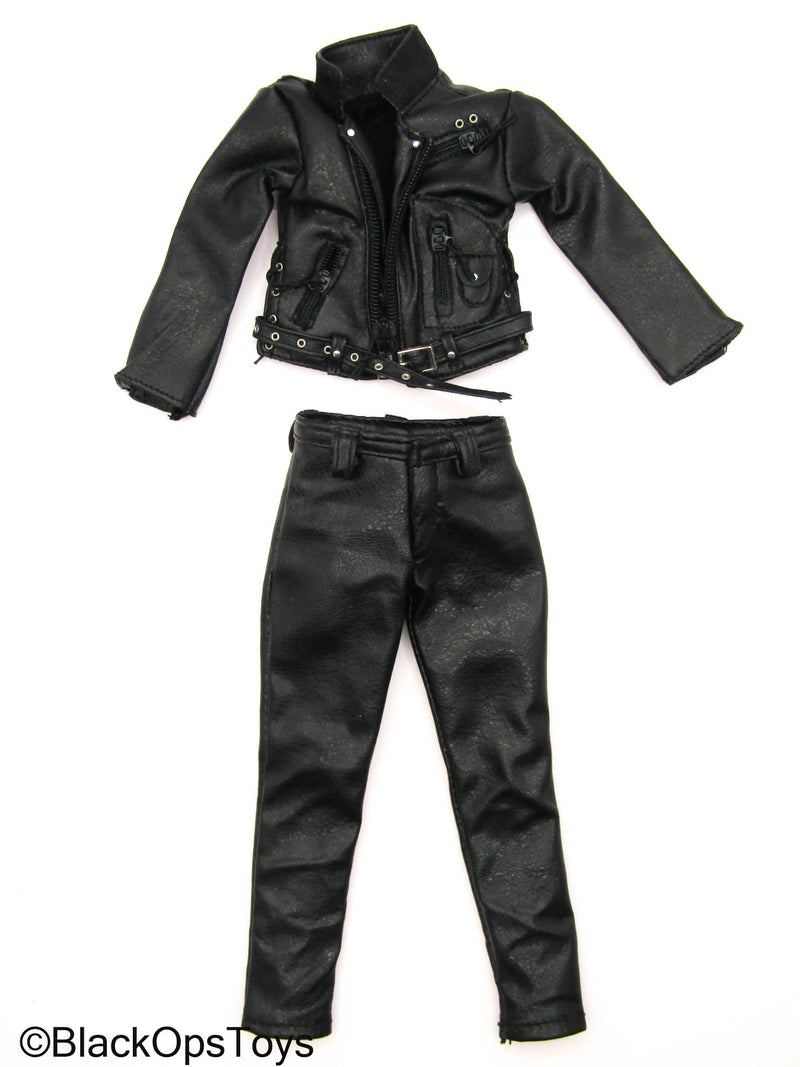 Load image into Gallery viewer, Black Leather Like Biker Uniform Set

