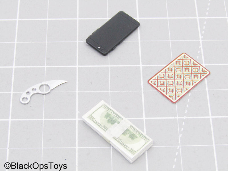 Load image into Gallery viewer, Silver Knife w/Playing Card, Money Stack, &amp; Black Cellphone

