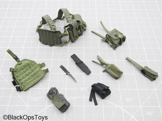 OD Green Chest Rig w/Black Knife, Holster, & MOLLE Pouch Set