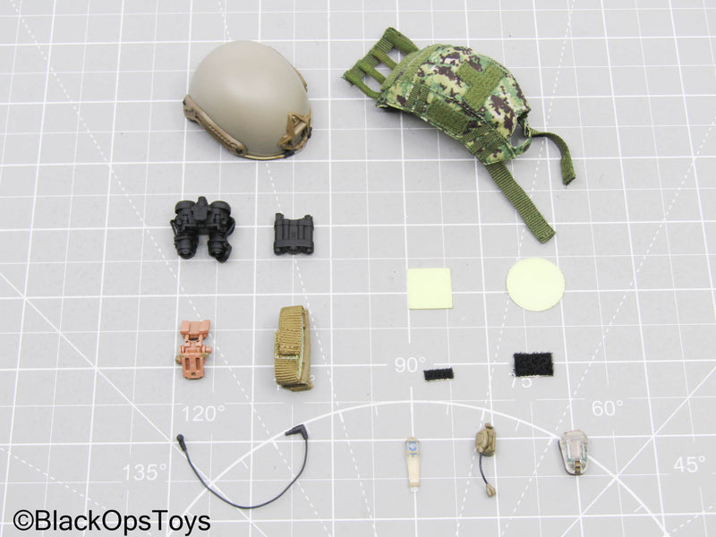 Load image into Gallery viewer, Tan Tactical Helmet w/AOR2 Camo Cover &amp; NVG Set (DAM Toys)

