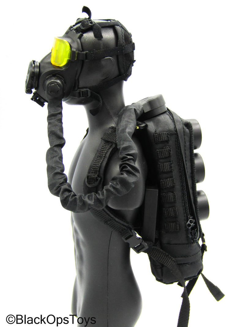 Load image into Gallery viewer, C.B.R.N. Assault Team - Black M50 Gas Mask w/Yellow Lenses &amp; Backpack Filter
