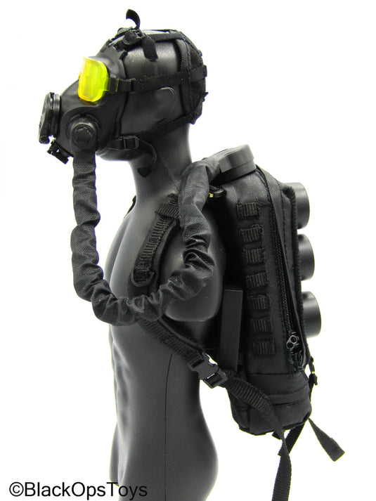 C.B.R.N. Assault Team - Black M50 Gas Mask w/Yellow Lenses & Backpack Filter