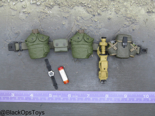 OD Green Rivet Belt w/Pouch Set, Combat Knife, Flare, & Watch