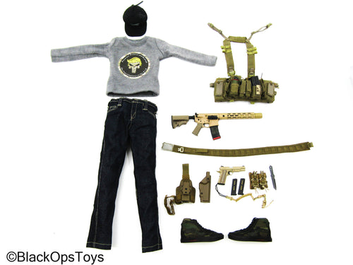 Grey Shirt w/Jeans, Cap, AR-15 Rifle, Sk8 Shoes & Pistol Set