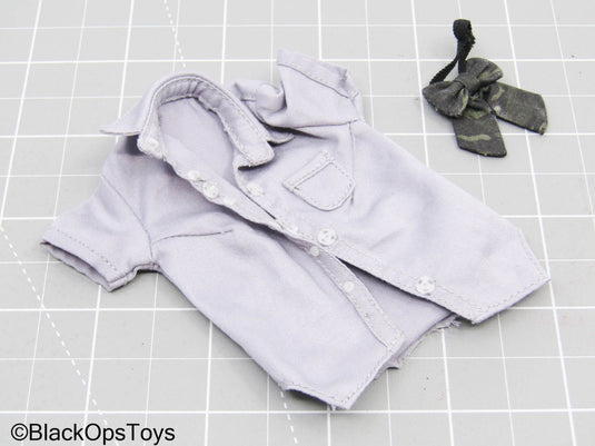 Female Light Grey Button Down Shirt w/Ribbon Tie