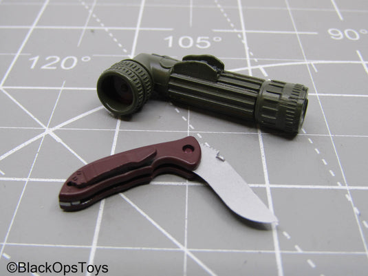 OD Green Angle Head Flashlight & Pocket Knife