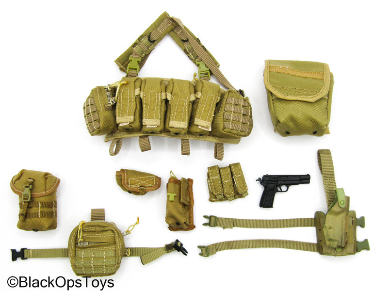 Load image into Gallery viewer, Tan Chest Rig w/Pouch Set &amp; Pistol w/Drop Leg Holster
