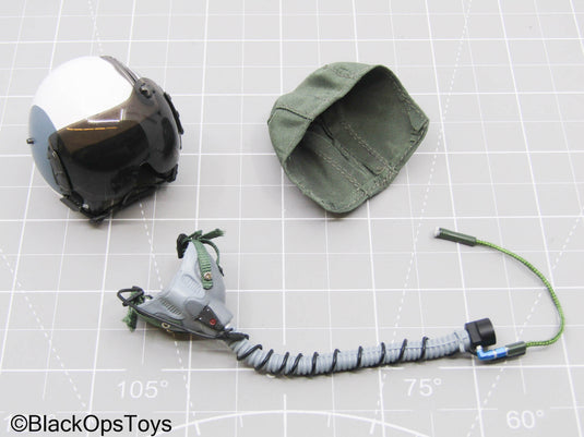 White & Blue Aviator Helmet w/ OD Green Skull Cap & Oxygen Mask