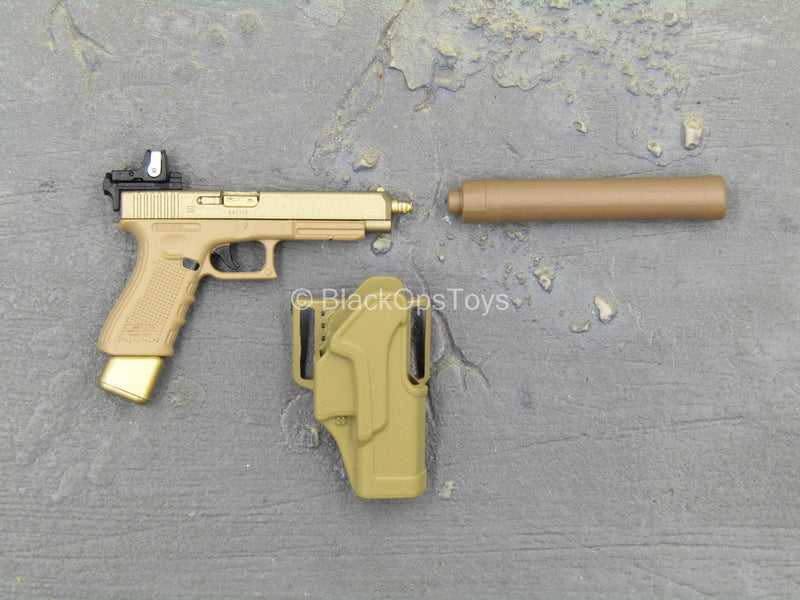 Load image into Gallery viewer, Doom&#39;s Day Kit - Tan &amp; Gold Like 9mm Pistol w/Holster &amp; Suppressor
