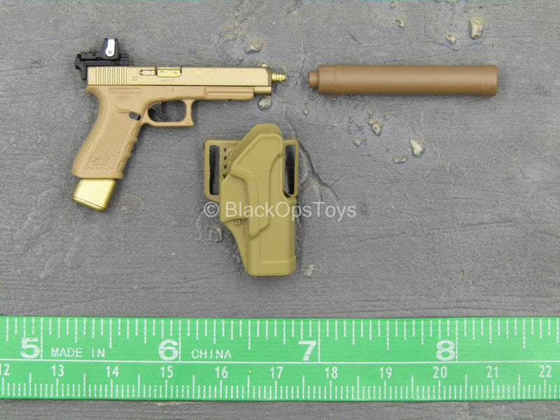 Load image into Gallery viewer, Doom&#39;s Day Kit - Tan &amp; Gold Like 9mm Pistol w/Holster &amp; Suppressor
