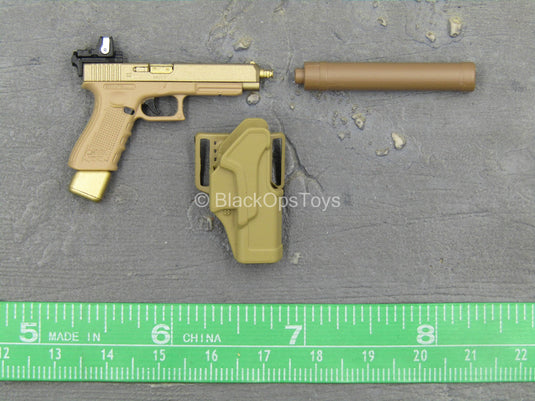 Doom's Day Kit - Tan & Gold Like 9mm Pistol w/Holster & Suppressor