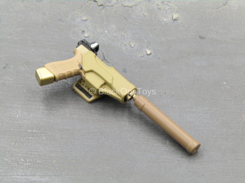 Load image into Gallery viewer, Doom&#39;s Day Kit - Tan &amp; Gold Like 9mm Pistol w/Holster &amp; Suppressor

