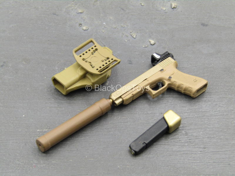 Load image into Gallery viewer, Doom&#39;s Day Kit - Tan &amp; Gold Like 9mm Pistol w/Holster &amp; Suppressor

