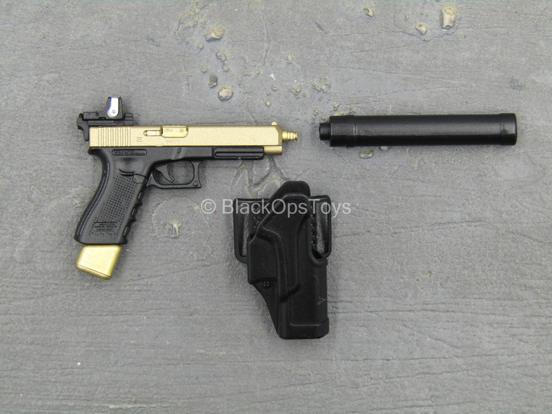 Load image into Gallery viewer, Doom&#39;s Day Kit - Black &amp; Gold Like 9mm Pistol w/Holster &amp; Suppressor
