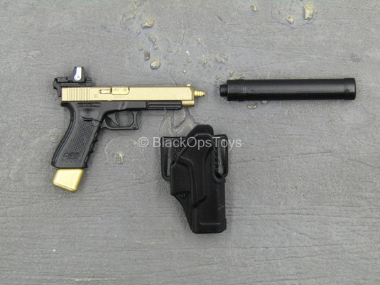 Doom's Day Kit - Black & Gold Like 9mm Pistol w/Holster & Suppressor