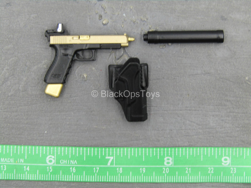 Load image into Gallery viewer, Doom&#39;s Day Kit - Black &amp; Gold Like 9mm Pistol w/Holster &amp; Suppressor
